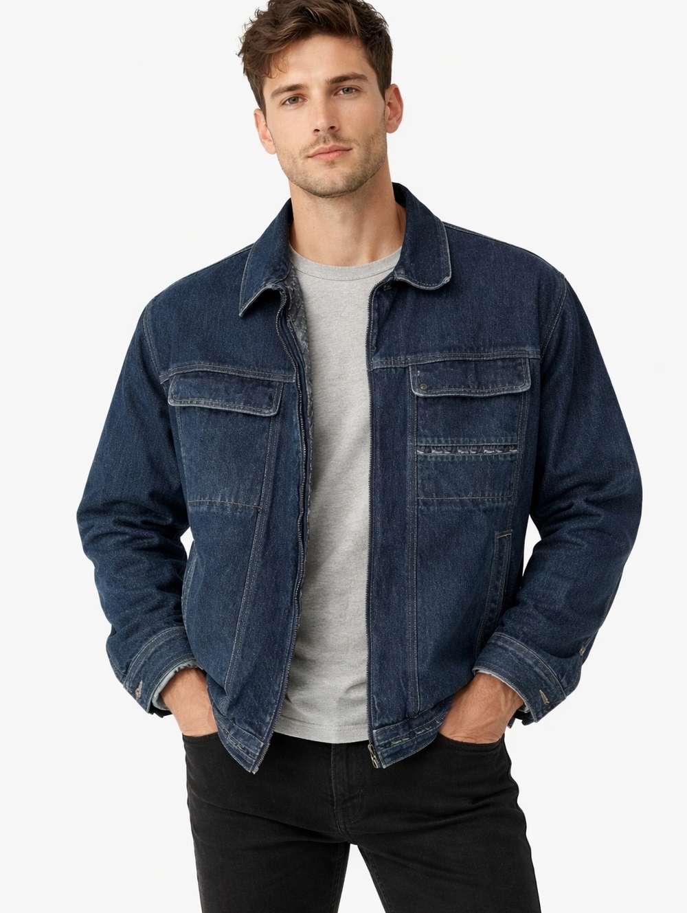 Pelle Pelle ($400) Mens Dark Wash Denim Jacket Quilted Lined Streetwear Coat